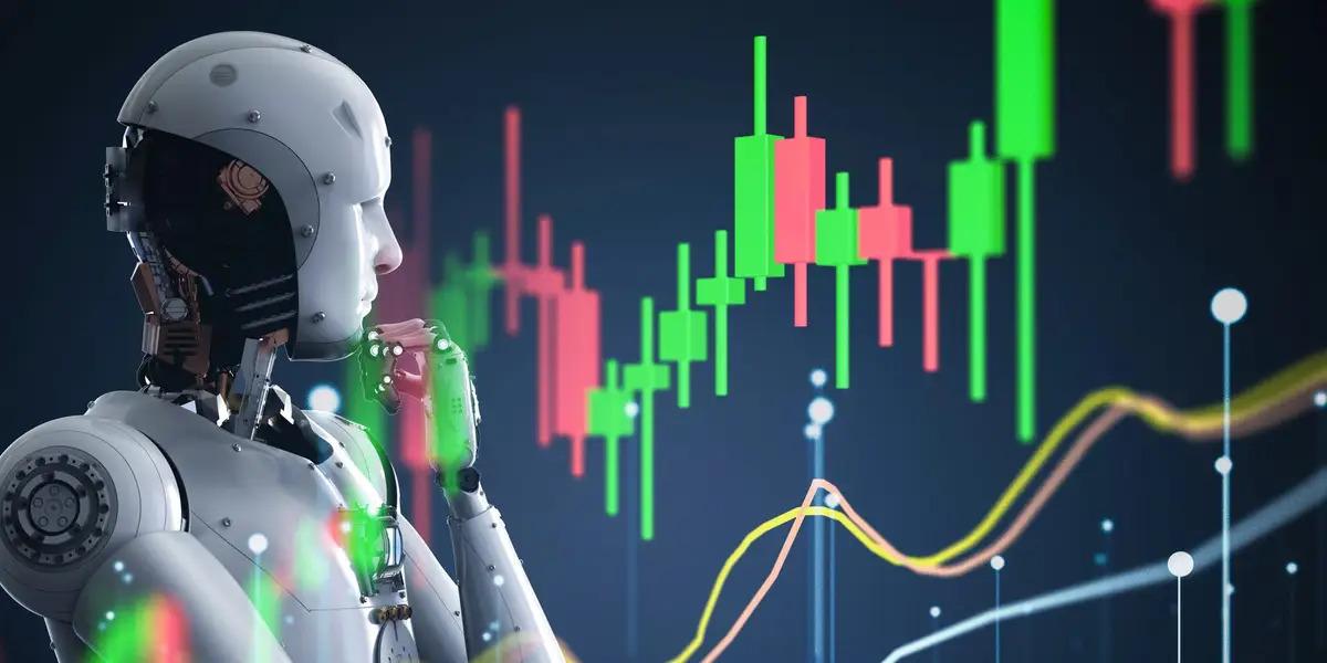 A robot looking at floating candle chart