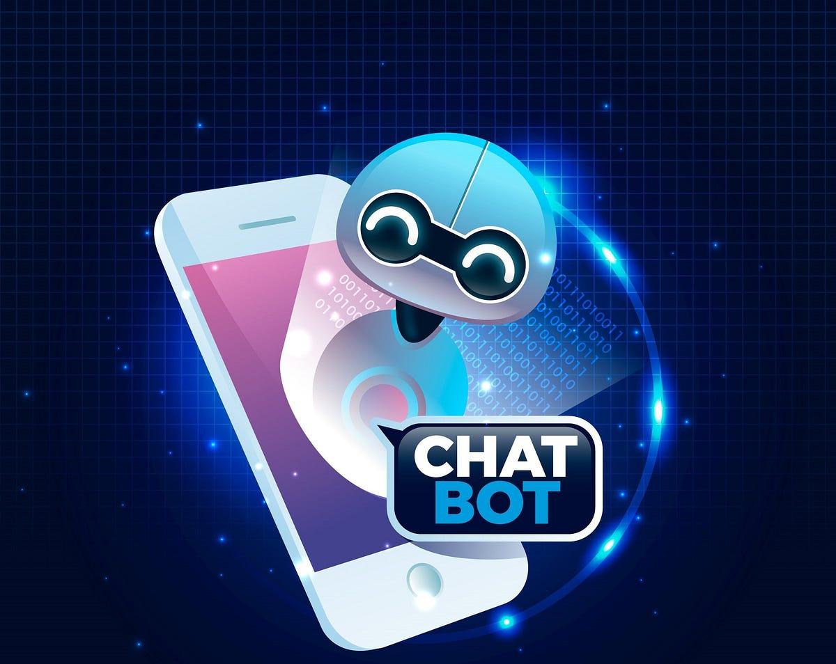 A cartoonish robot popping out of a smartphone with a dialogue bubble that says "Chat bot"