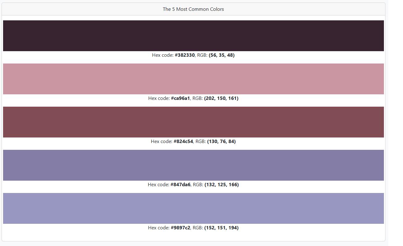 A list of colors with their hex codes and RGB values